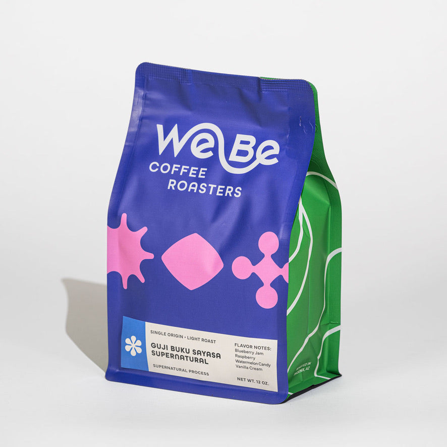 
                  
                    Grape WeBe Coffee Roasters bag of Guji Buku Sayasa Supernatural, light roast single origin.
                  
                