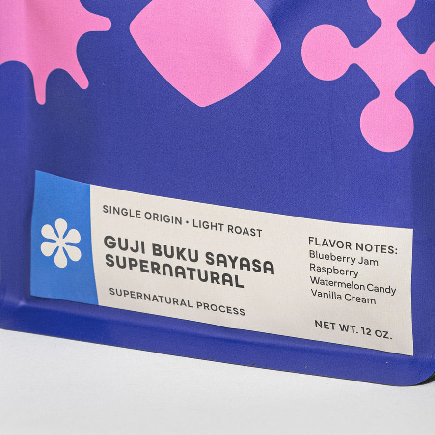 
                  
                    Close-up of the Guji Buku Sayasa Supernatural label with flavor notes blueberry jam, raspberry, watermelon candy, and vanilla cream.
                  
                