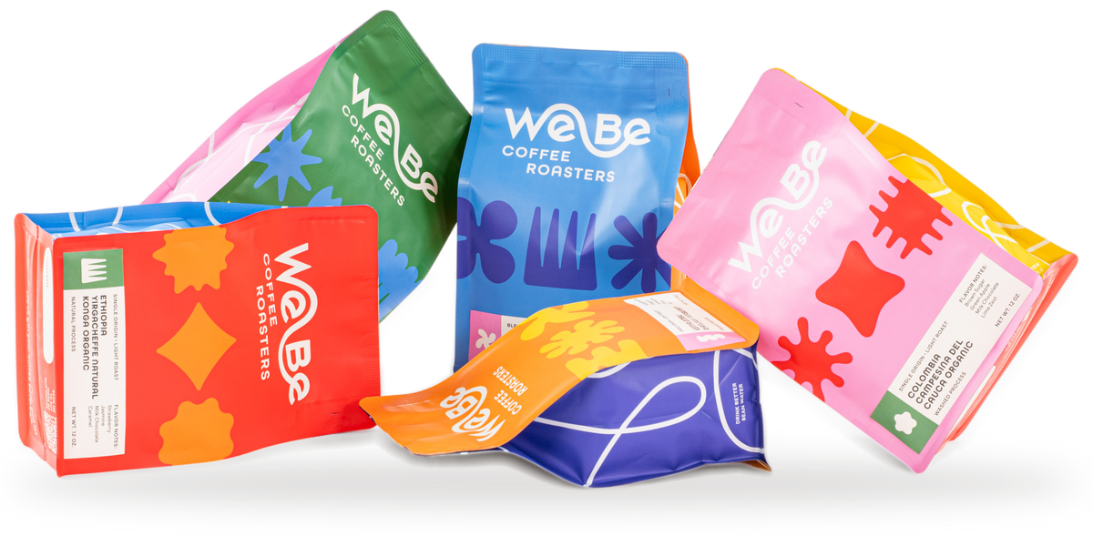 Colorful WeBe Coffee Roasters bags